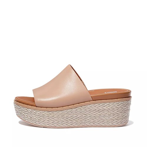 Beige Women's Fitflop ELOISE Espadrille Leather Wedge Slides | NZ.34KOA