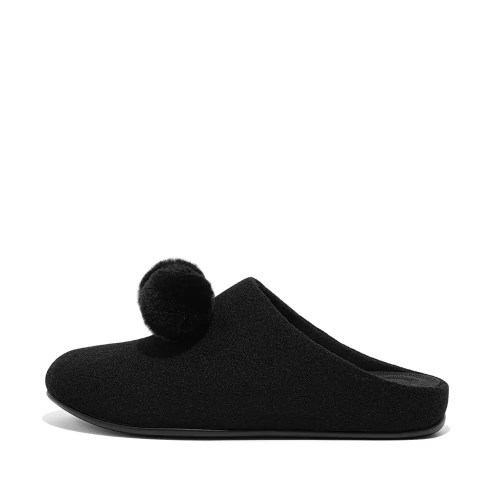 Black Women's Fitflop CHRISSIE Pom-Pom Felt Slippers | NZ.86JQK