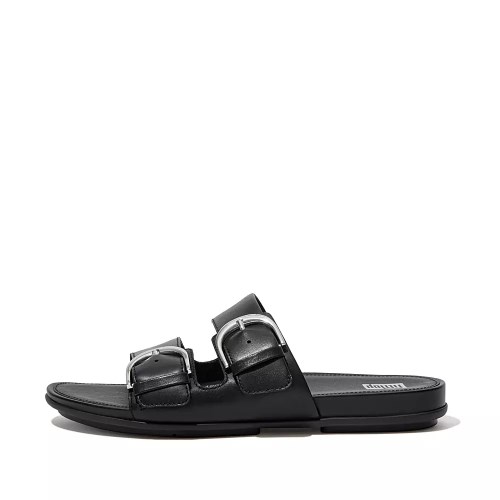 Black Women's Fitflop GRACIE Buckle Leather Slides | NZ.21YHG