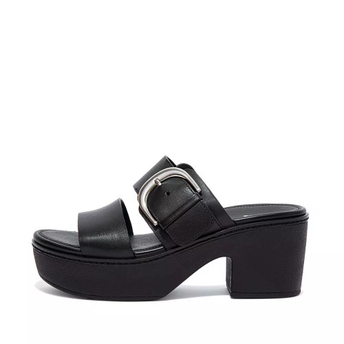 Black Women's Fitflop PILAR Leather Platform Slides | NZ.57RZK