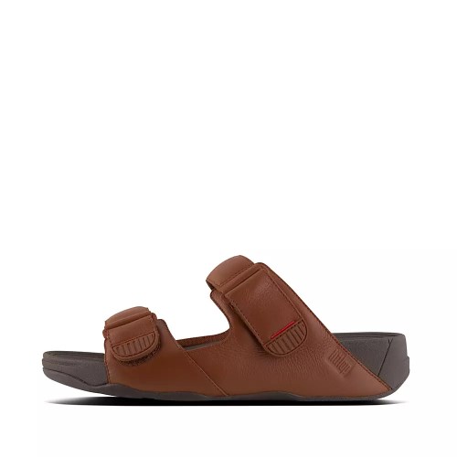 Brown Men's Fitflop GOGH MOC Adjustable Leather Slides | NZ.57OMN