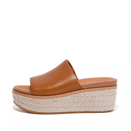 Brown Women's Fitflop ELOISE Espadrille Leather Wedge Slides | NZ.73ZCO