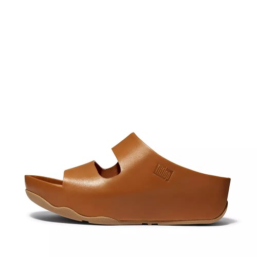 Brown Women's Fitflop SHUV Two-Bar Leather Slides | NZ.85IQR