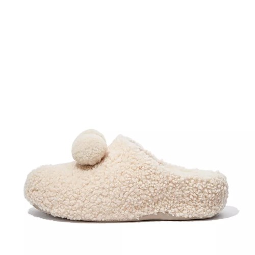 Cream Women's Fitflop SHUV Pom-Pom Shearling Clog Slippers | NZ.36FBC