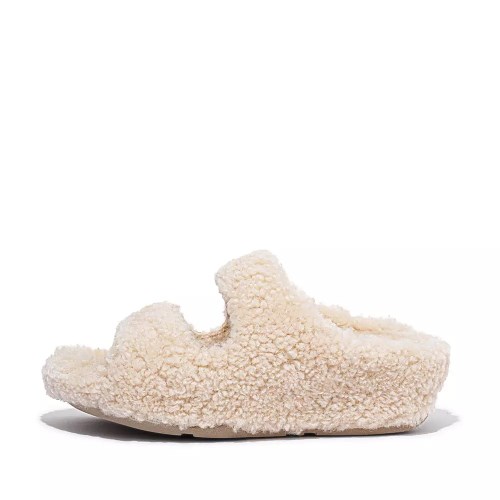 Cream Women's Fitflop SHUV Two-Bar Shearling Slides | NZ.18IBP