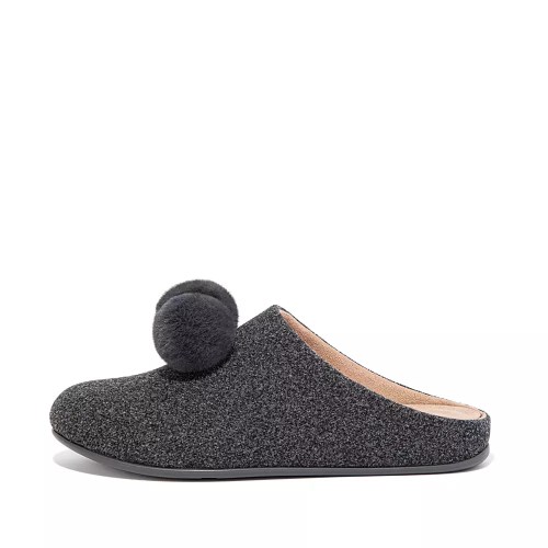 Dark Grey Women's Fitflop CHRISSIE Pom-Pom Felt Slippers | NZ.62SBC