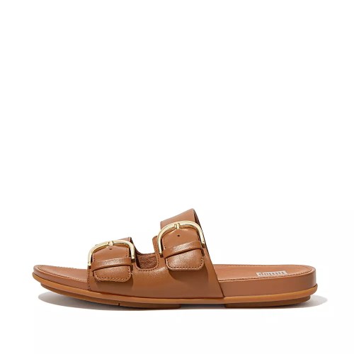 Light Brown Women's Fitflop GRACIE Buckle Leather Slides | NZ.46TMD