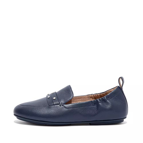 Navy Women's Fitflop ALLEGRO Studded Leather Loafers | NZ.59QVD