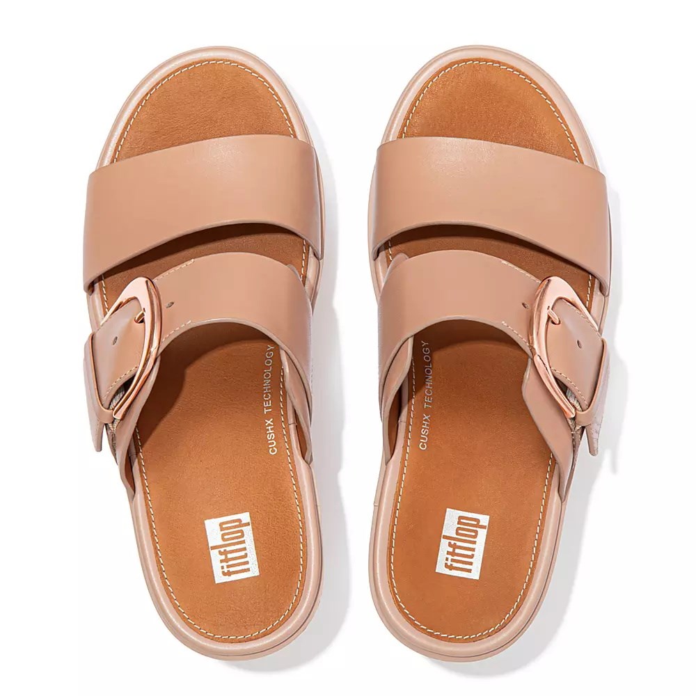 Beige Women's Fitflop PILAR Leather Platform Slides | NZ.18SMO