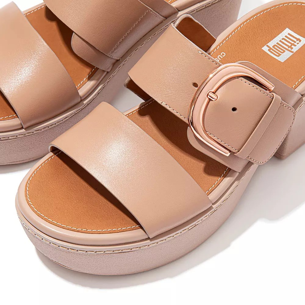 Beige Women's Fitflop PILAR Leather Platform Slides | NZ.18SMO