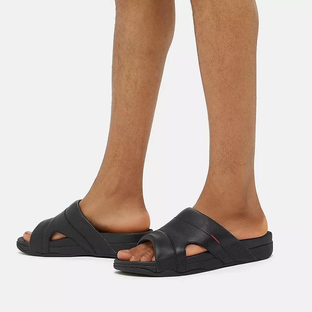 Black Men's Fitflop FREEWAY Leather Pool Slides | NZ.05WTJ