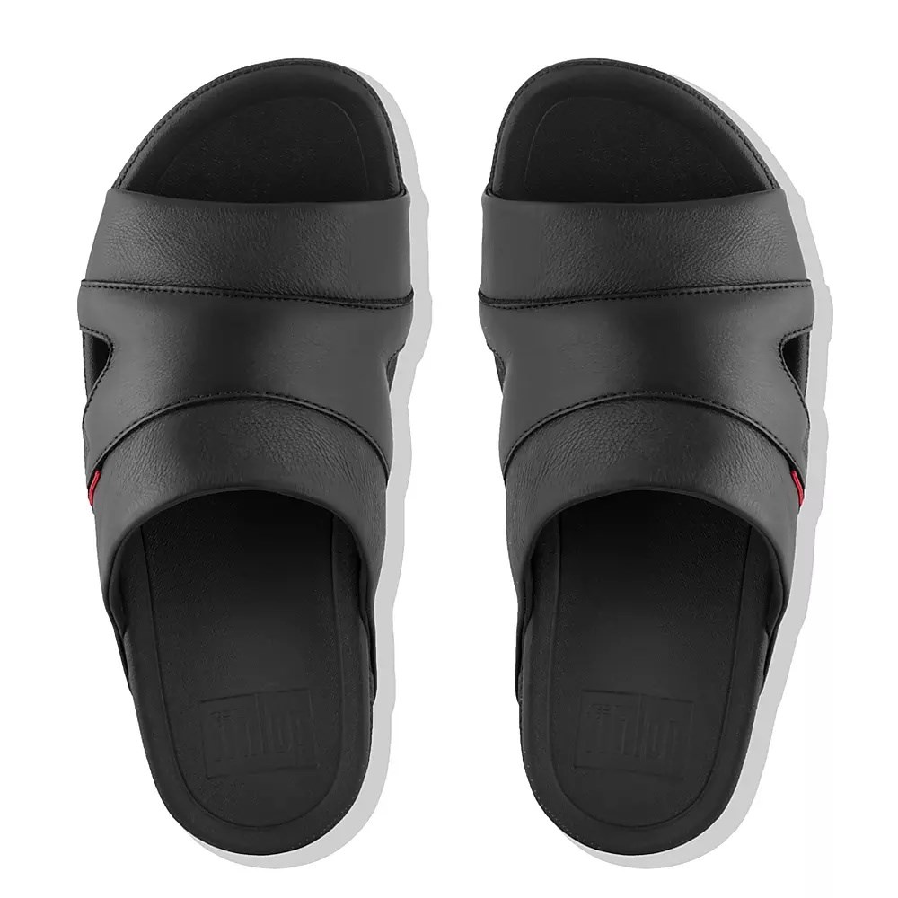 Black Men's Fitflop FREEWAY Leather Pool Slides | NZ.05WTJ