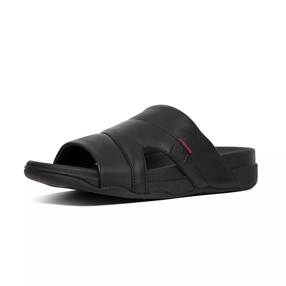 Black Men's Fitflop FREEWAY Leather Pool Slides | NZ.05WTJ