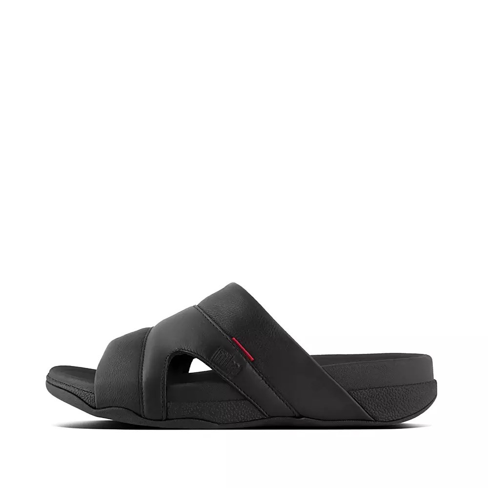 Black Men\'s Fitflop FREEWAY Leather Pool Slides | NZ.05WTJ