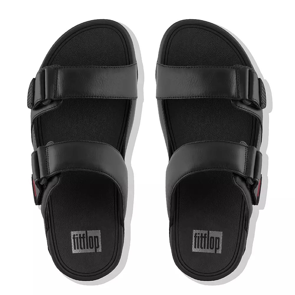 Black Men's Fitflop GOGH MOC Adjustable Leather Slides | NZ.04PFJ