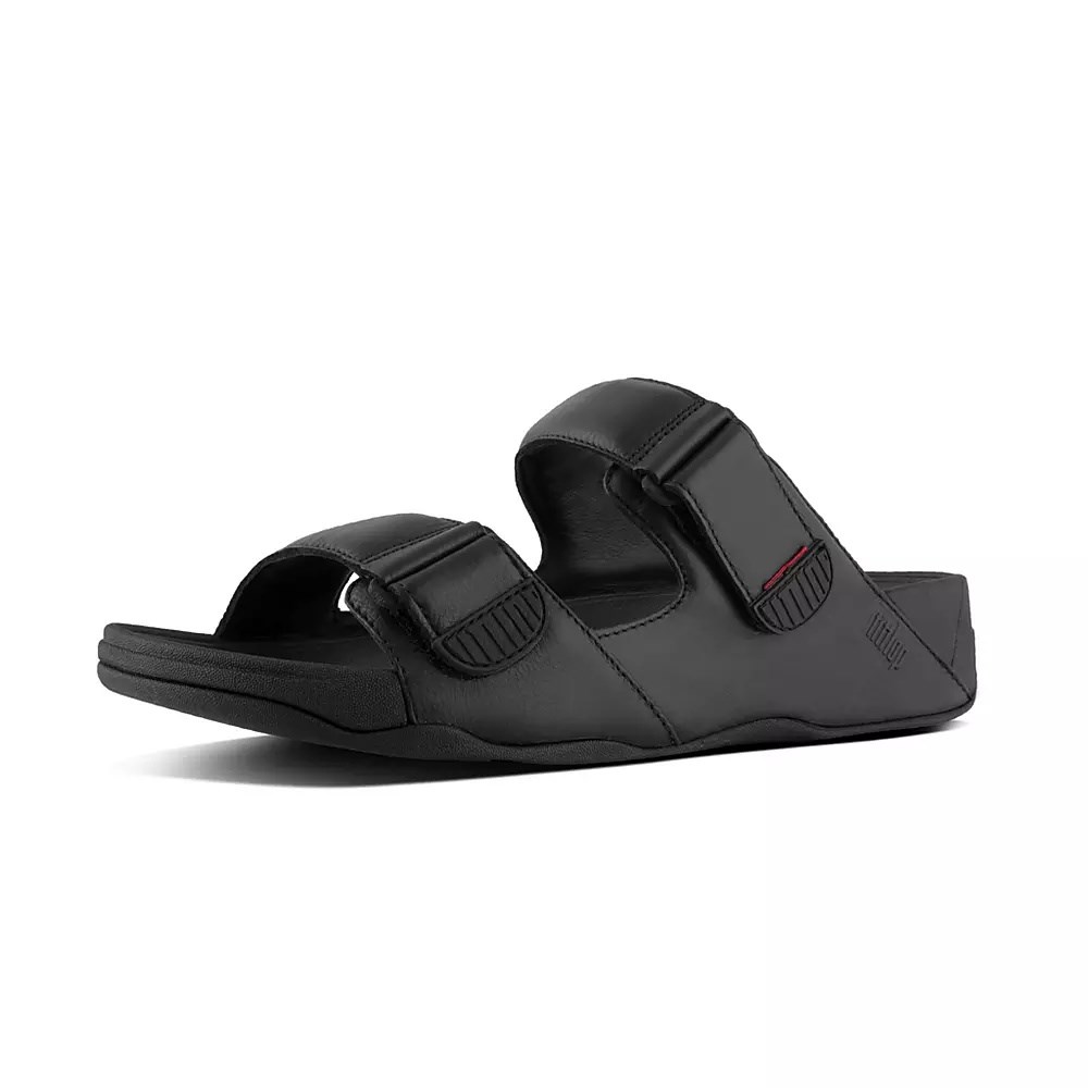 Black Men's Fitflop GOGH MOC Adjustable Leather Slides | NZ.04PFJ