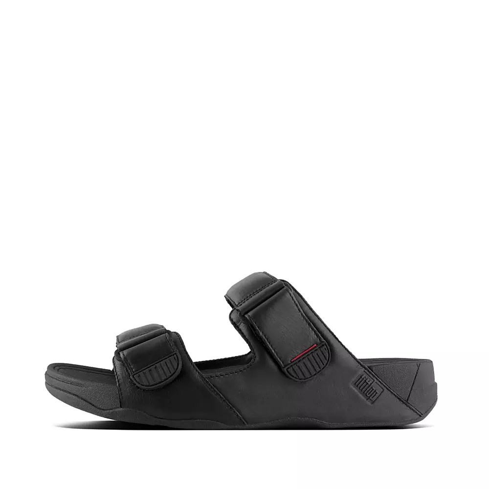 Black Men\'s Fitflop GOGH MOC Adjustable Leather Slides | NZ.04PFJ