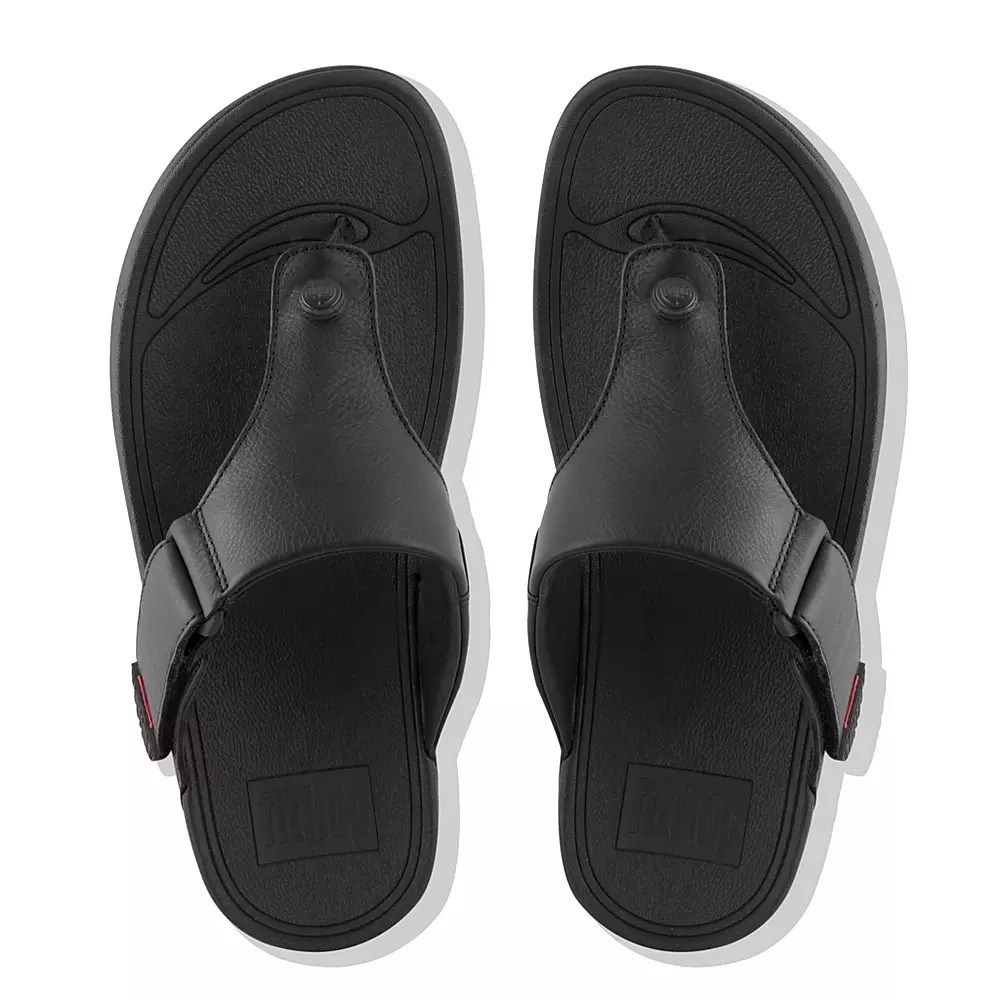 Black Men's Fitflop TRAKK II Leather Toe-Post Sandals | NZ.52UGB