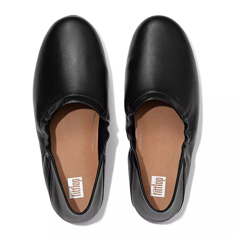 Black Women's Fitflop ALLEGRO Fold-Down Back Leather Ballet Flats | NZ.48PAC