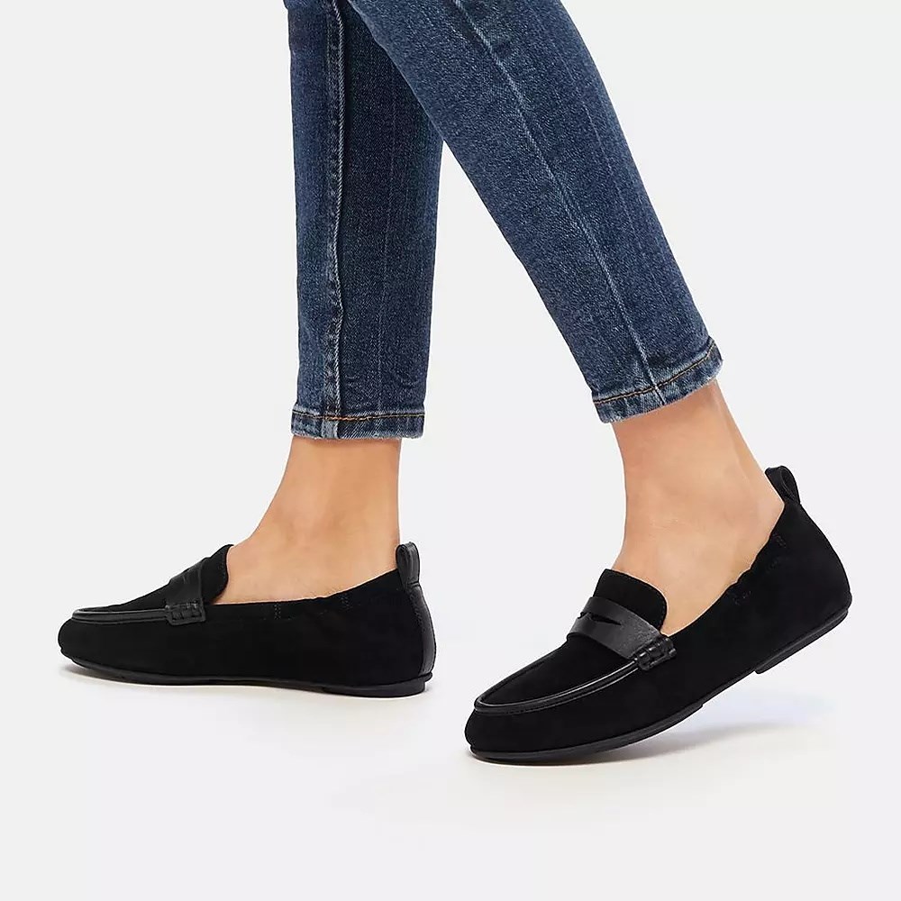 Black Women's Fitflop ALLEGRO Suede Penny Loafers | NZ.54HKF