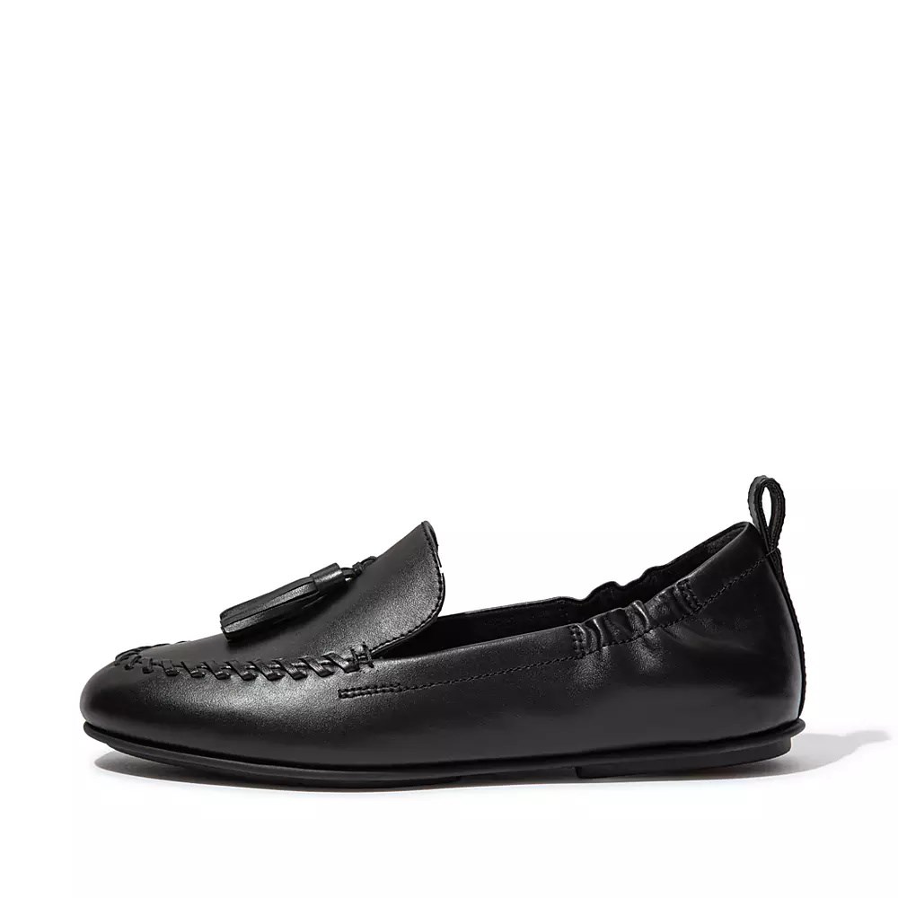 Black Women\'s Fitflop ALLEGRO Tassel Leather Loafers | NZ.87EGI