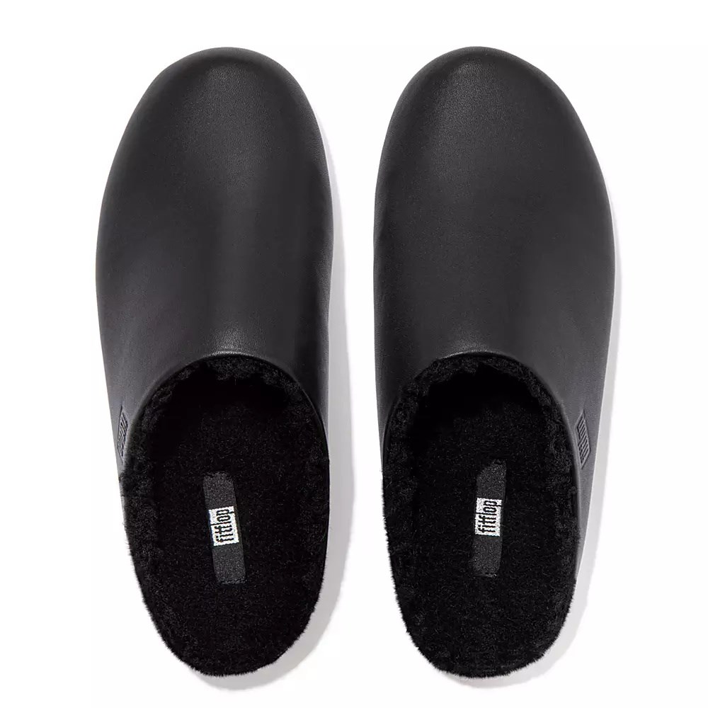 Black Women's Fitflop CHRISSIE Curly-Shearling Leather Slippers | NZ.48IDO