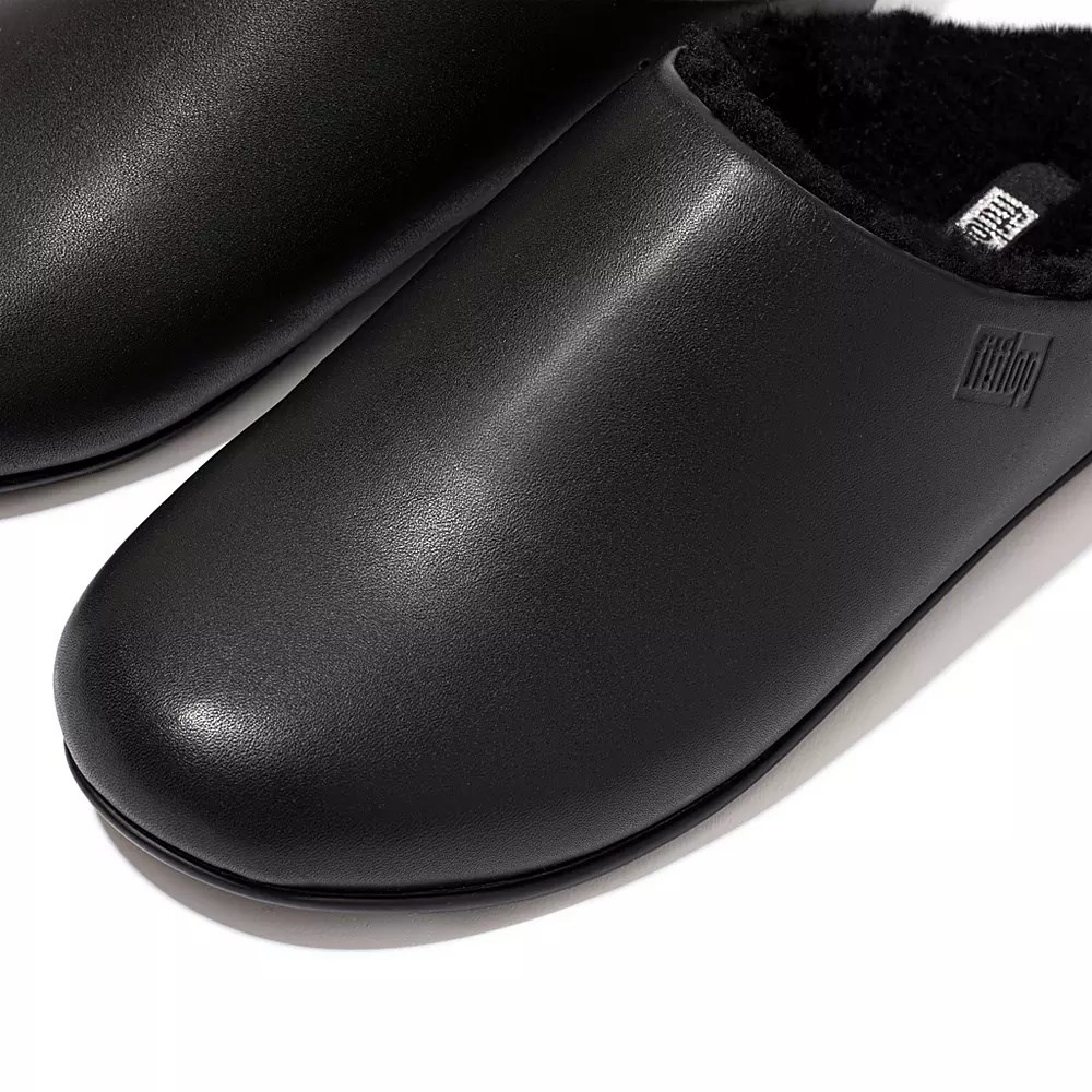 Black Women's Fitflop CHRISSIE Curly-Shearling Leather Slippers | NZ.48IDO