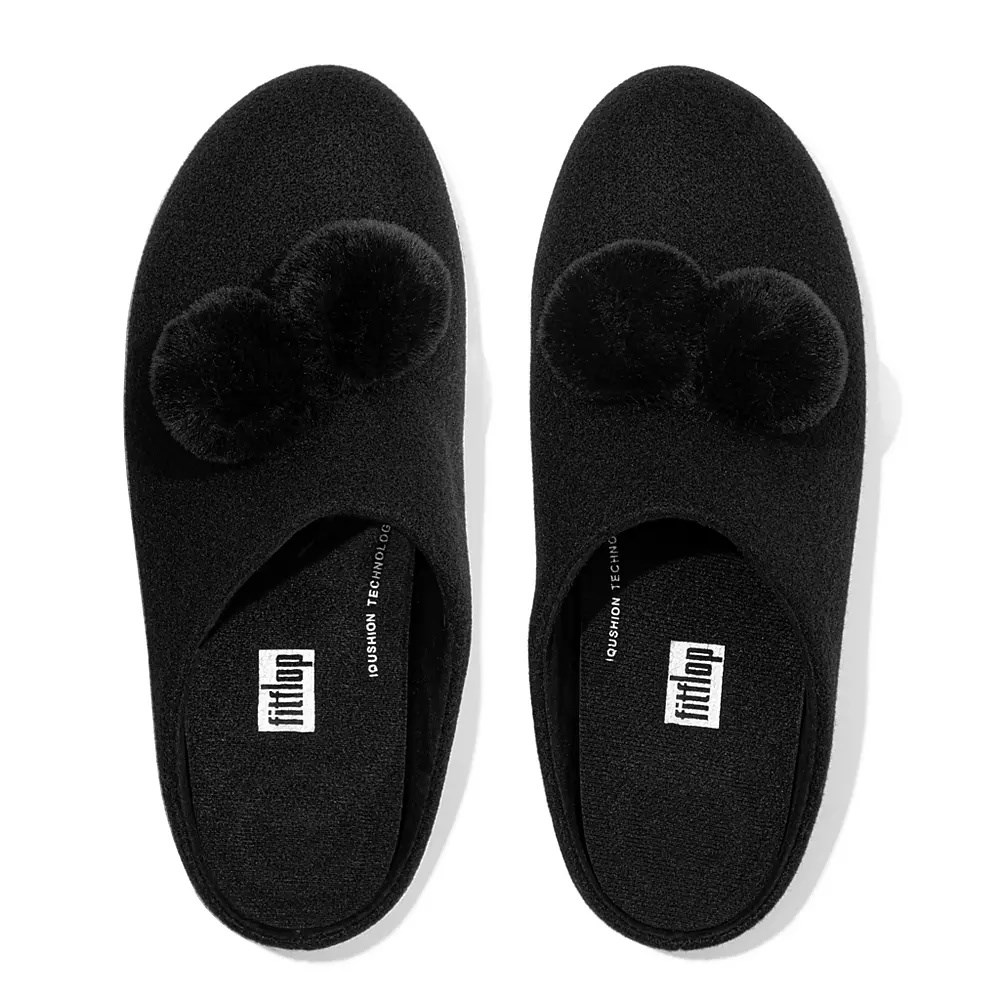 Black Women's Fitflop CHRISSIE Pom-Pom Felt Slippers | NZ.86JQK