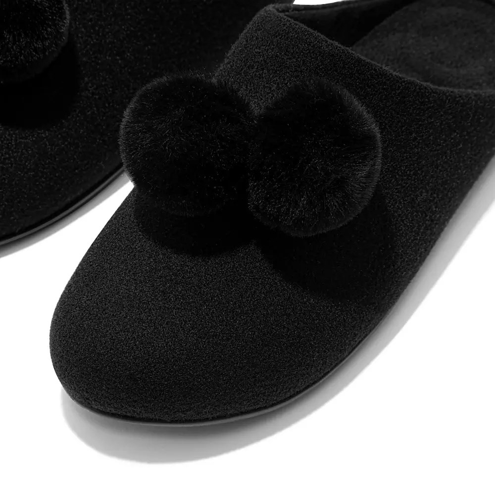 Black Women's Fitflop CHRISSIE Pom-Pom Felt Slippers | NZ.86JQK