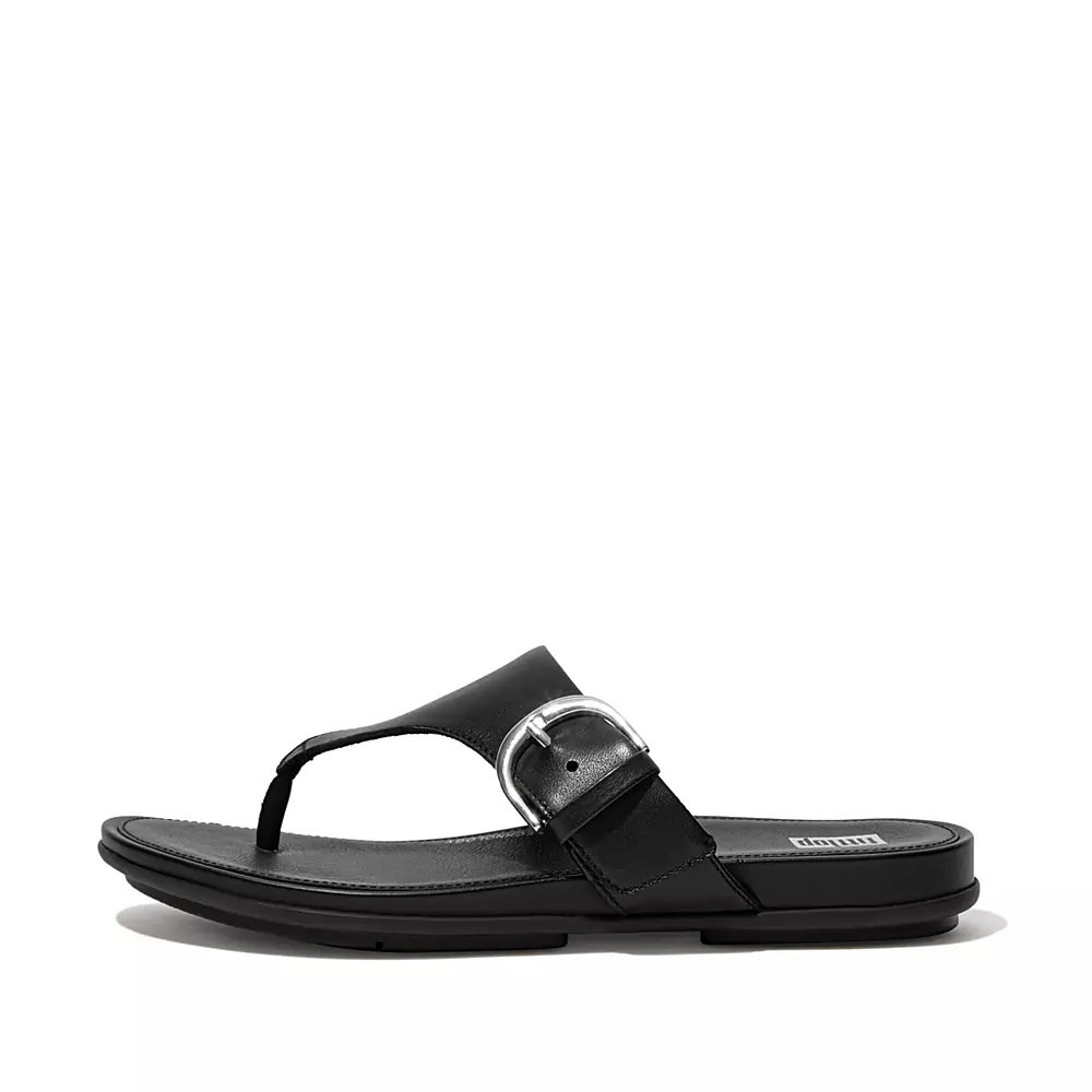 Black Women\'s Fitflop GRACIE Buckle Leather Toe-Post Sandals | NZ.16ZEL