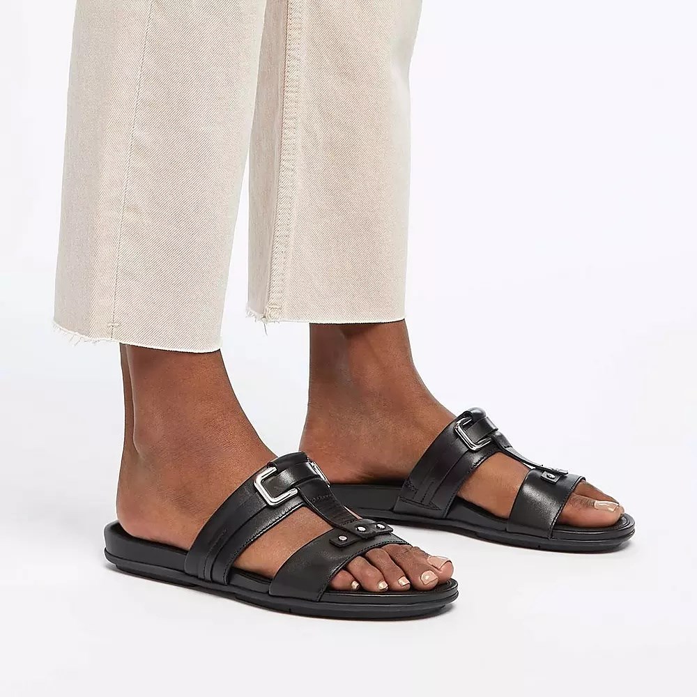 Black Women's Fitflop GRACIE Stud-Buckle Leather Slides | NZ.63RHV