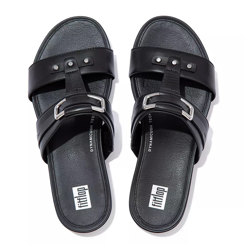 Black Women's Fitflop GRACIE Stud-Buckle Leather Slides | NZ.63RHV