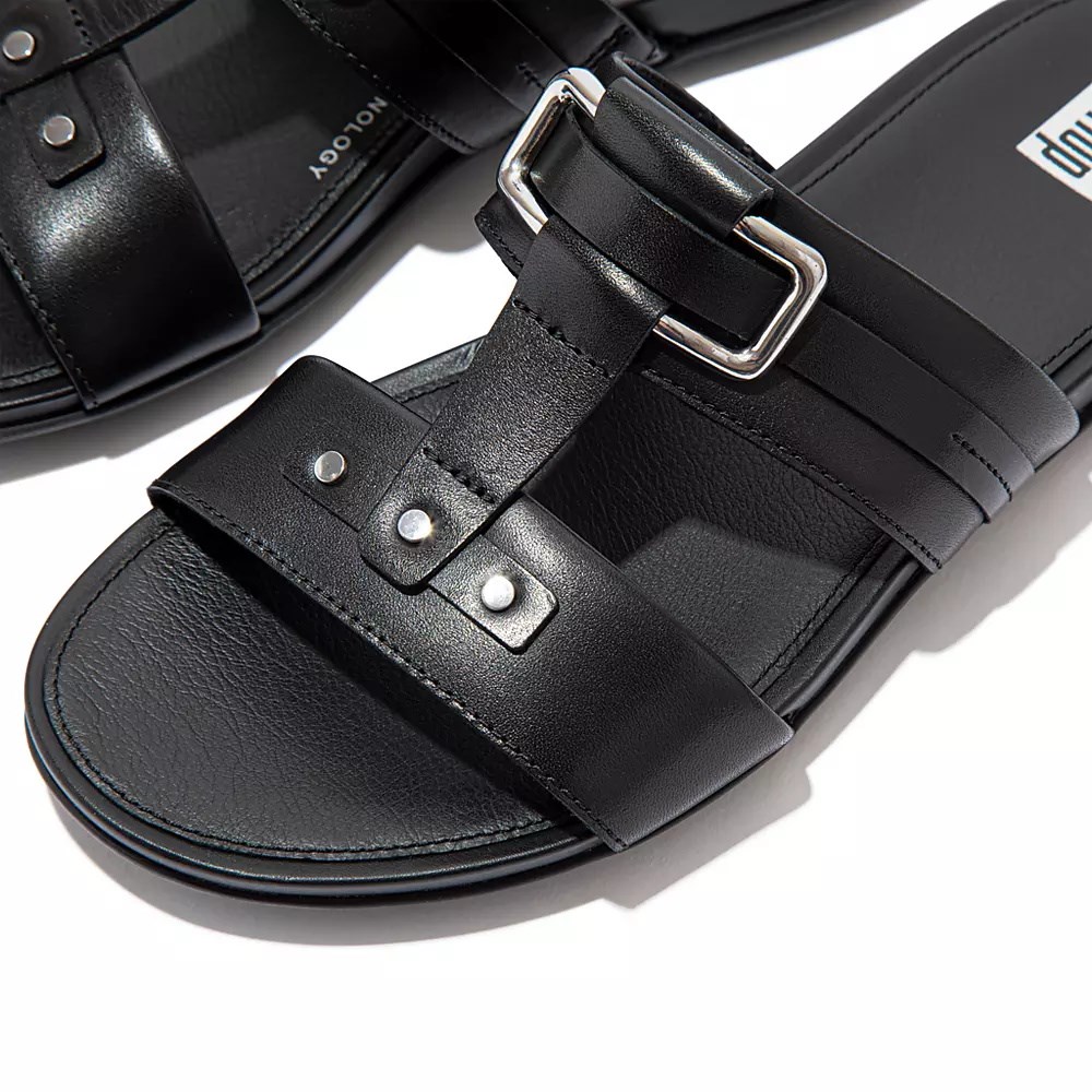 Black Women's Fitflop GRACIE Stud-Buckle Leather Slides | NZ.63RHV