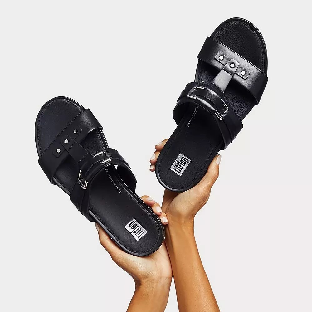 Black Women's Fitflop GRACIE Stud-Buckle Leather Slides | NZ.63RHV