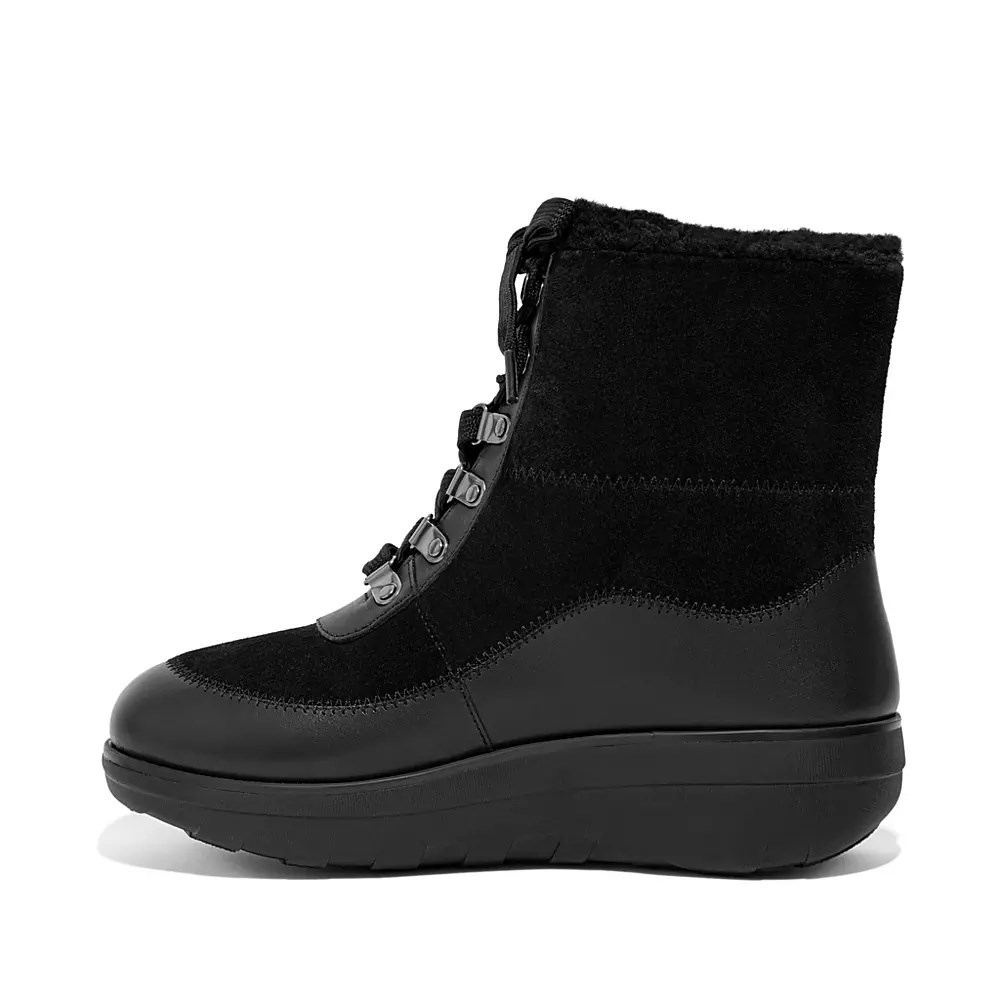 Black Women\'s Fitflop MUKLUK Shearling-Lined Laced Ankle Boots | NZ.45ORV