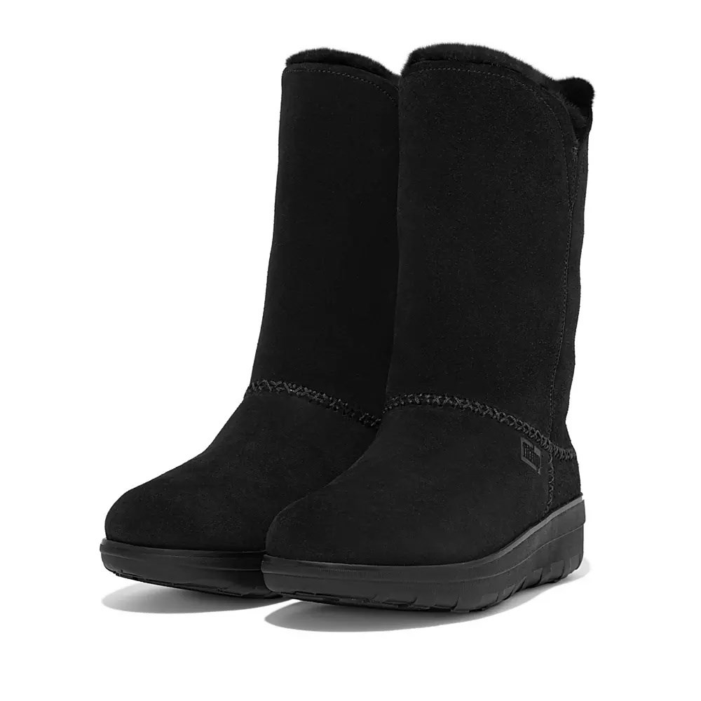 Black Women's Fitflop MUKLUK Shearling-Lined Suede Calf Boots | NZ.60CNP