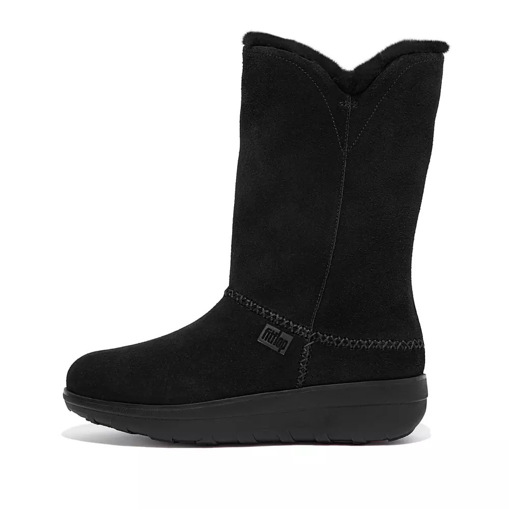 Black Women\'s Fitflop MUKLUK Shearling-Lined Suede Calf Boots | NZ.60CNP