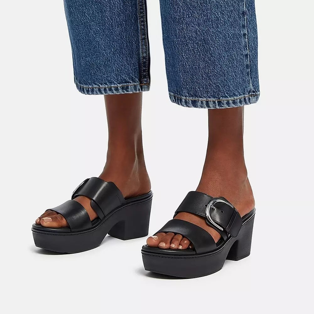 Black Women's Fitflop PILAR Leather Platform Slides | NZ.57RZK