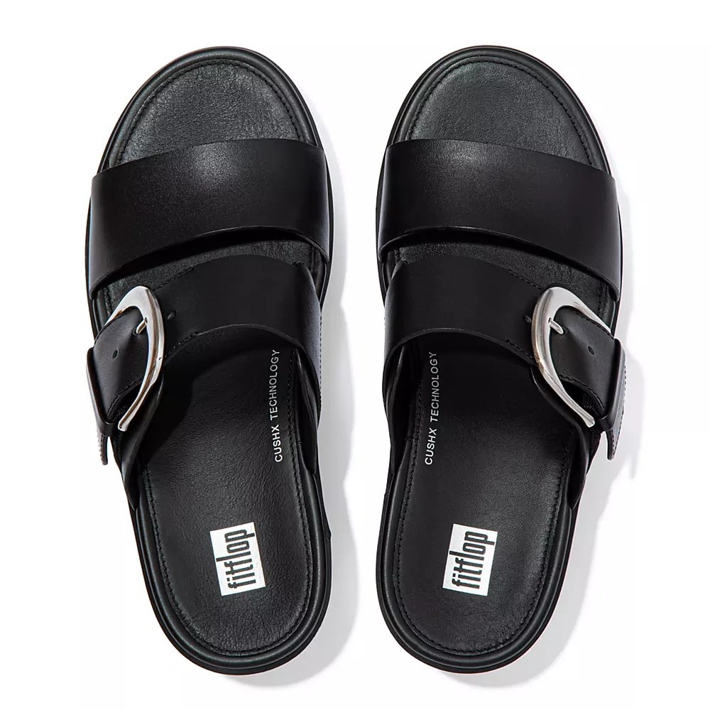 Black Women's Fitflop PILAR Leather Platform Slides | NZ.57RZK