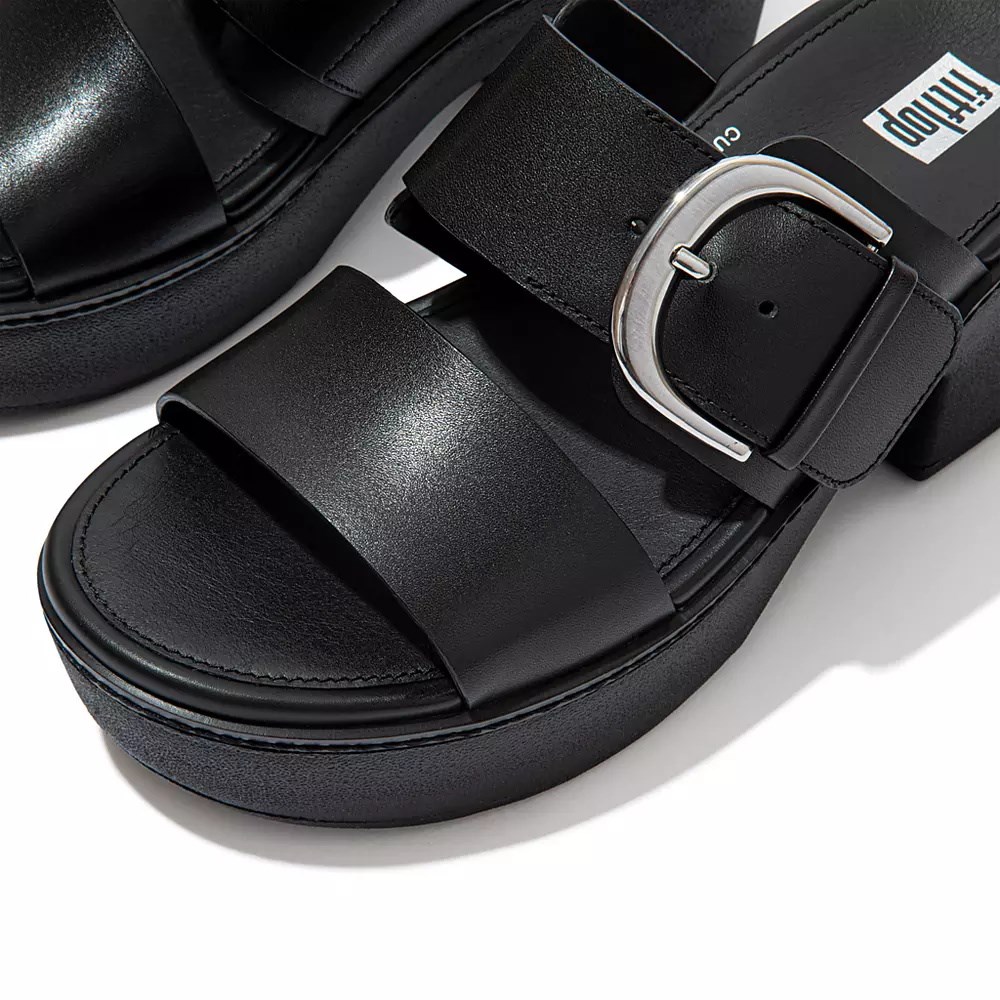 Black Women's Fitflop PILAR Leather Platform Slides | NZ.57RZK