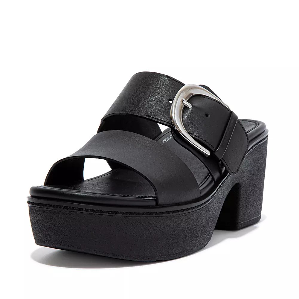 Black Women's Fitflop PILAR Leather Platform Slides | NZ.57RZK