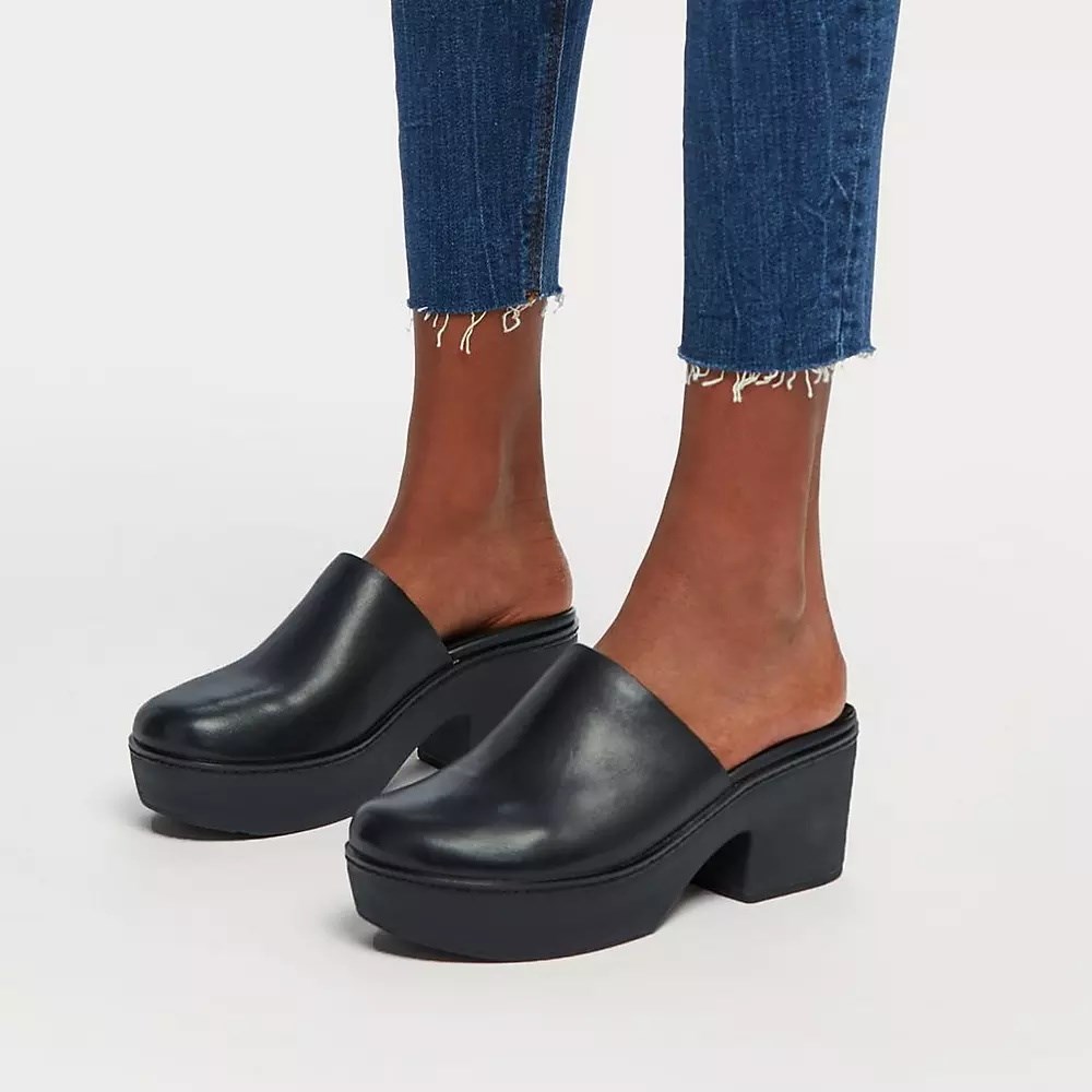 Black Women's Fitflop PILAR Leather Platforms Mules | NZ.95OQI