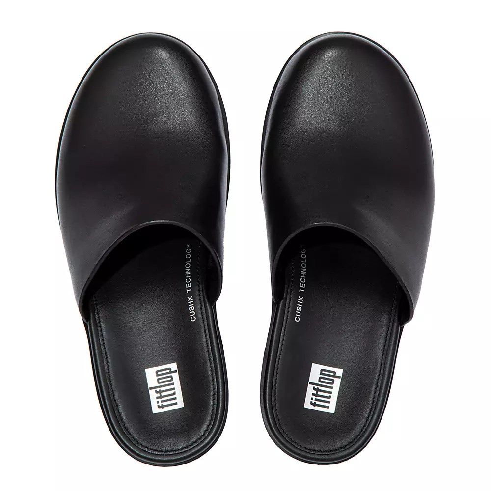 Black Women's Fitflop PILAR Leather Platforms Mules | NZ.95OQI