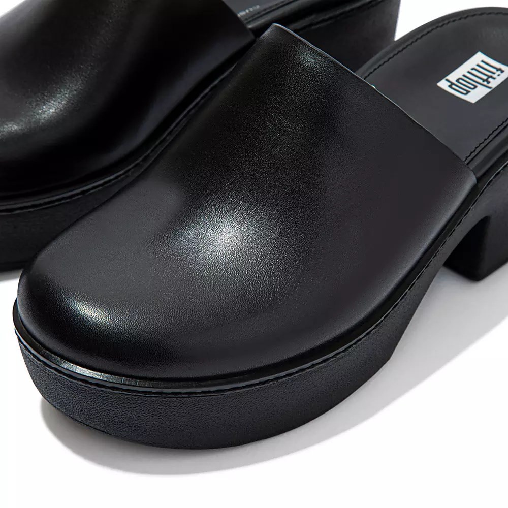 Black Women's Fitflop PILAR Leather Platforms Mules | NZ.95OQI