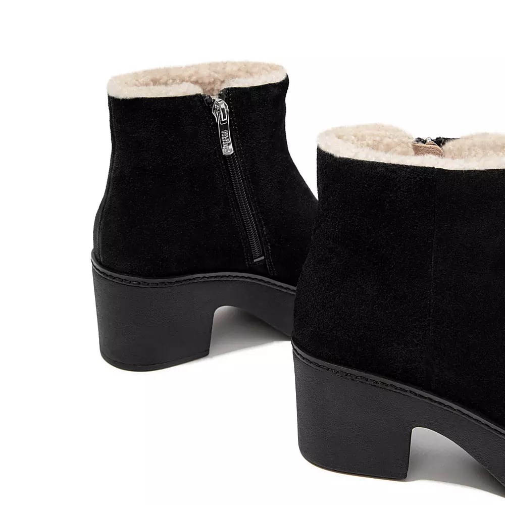 Black Women's Fitflop PILAR Shearling-Lined Suede Platform Boots | NZ.64LBW