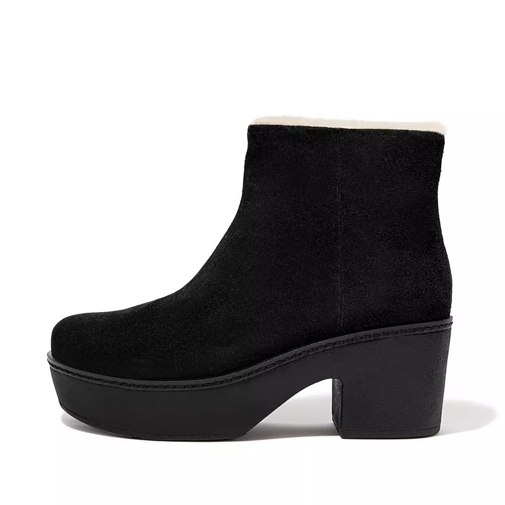 Black Women\'s Fitflop PILAR Shearling-Lined Suede Platform Boots | NZ.64LBW