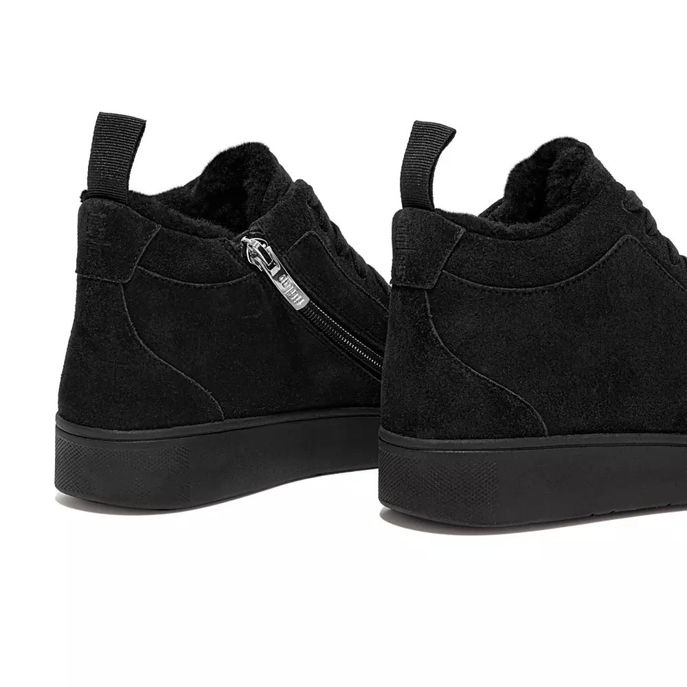 Black Women's Fitflop RALLY Faux-Fur Lined Suede High Top Sneakers | NZ.45GCO