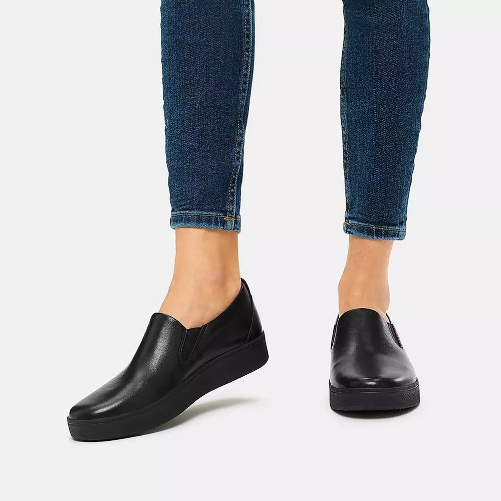 Black Women's Fitflop RALLY Slip-On Leather Sneakers | NZ.76VCK