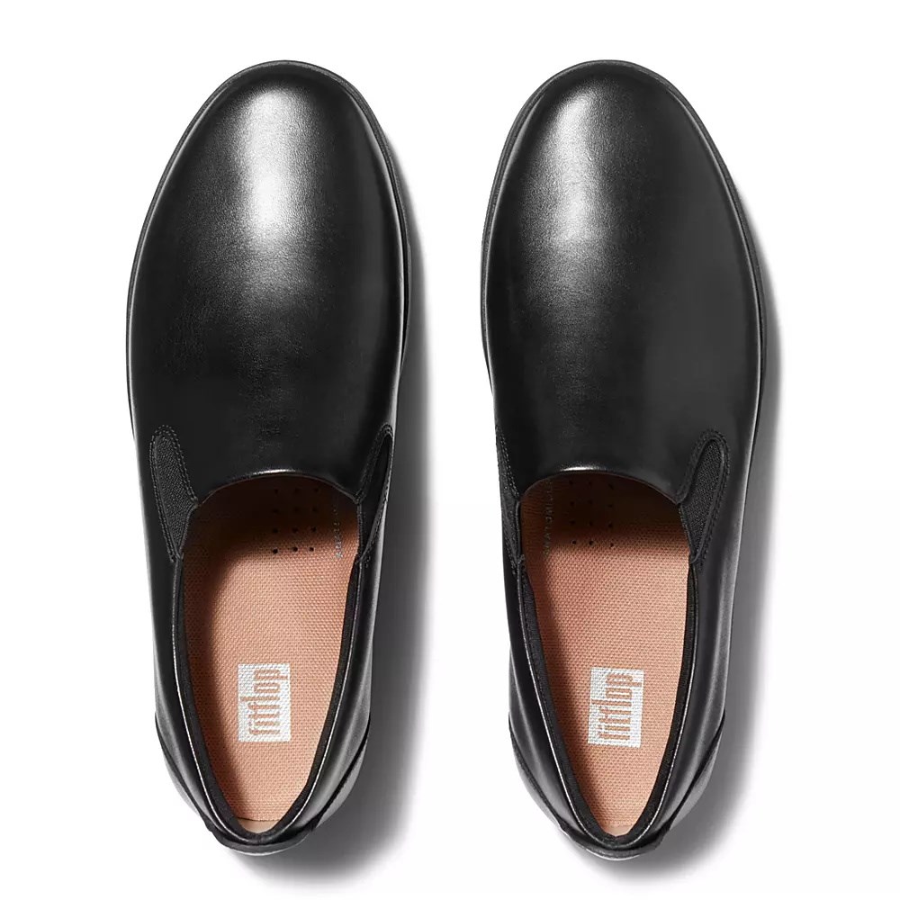 Black Women's Fitflop RALLY Slip-On Leather Sneakers | NZ.76VCK