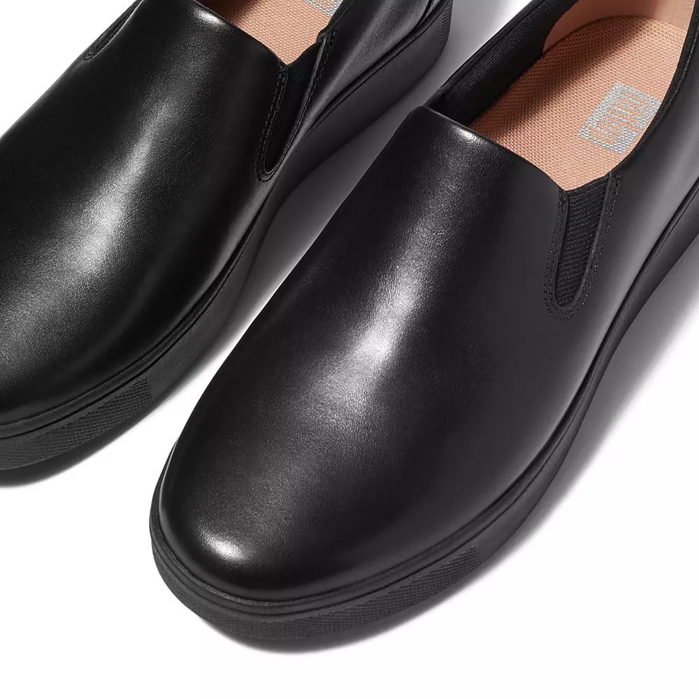 Black Women's Fitflop RALLY Slip-On Leather Sneakers | NZ.76VCK